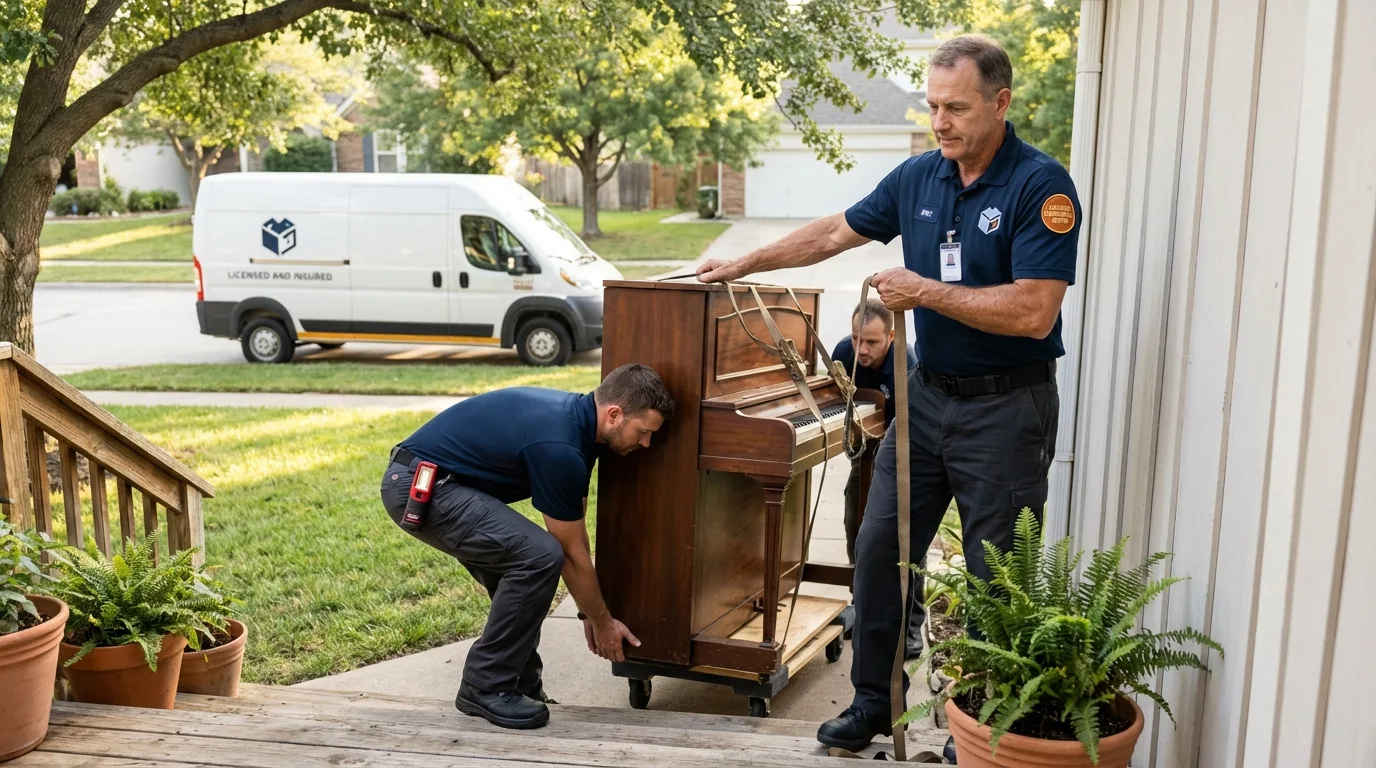 Licensed piano movers securing grand piano in Northfield, OH