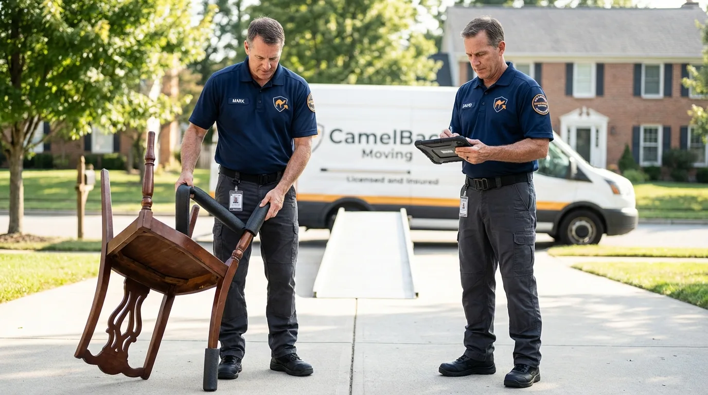 Movers inspecting furniture for damage prevention before loading in Northfield, OH