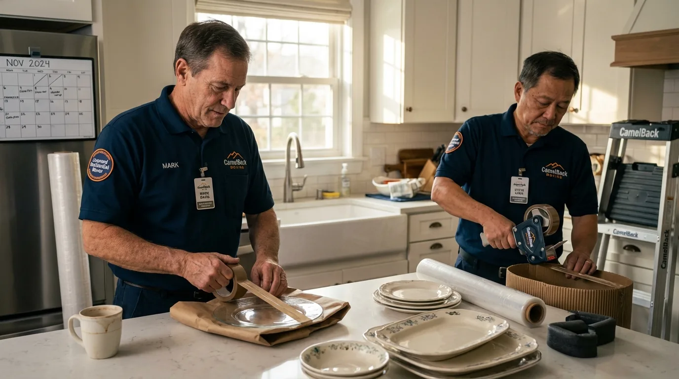 Professional crew packing kitchen dishware in Northfield, OH